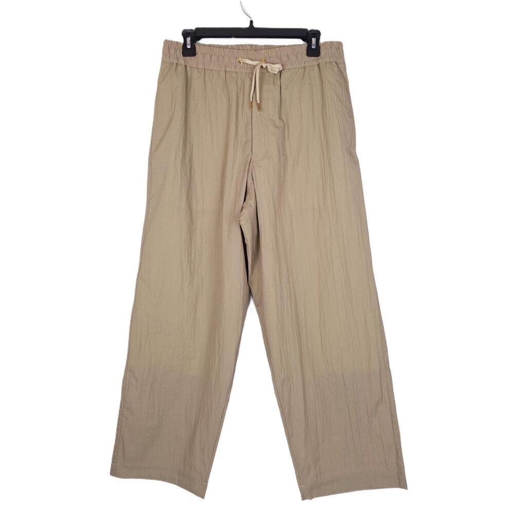 Fumito Ganryu Mens Relaxed Fit Woven Pants Sz 1 Small Beige Wide Leg Crinkle NWT